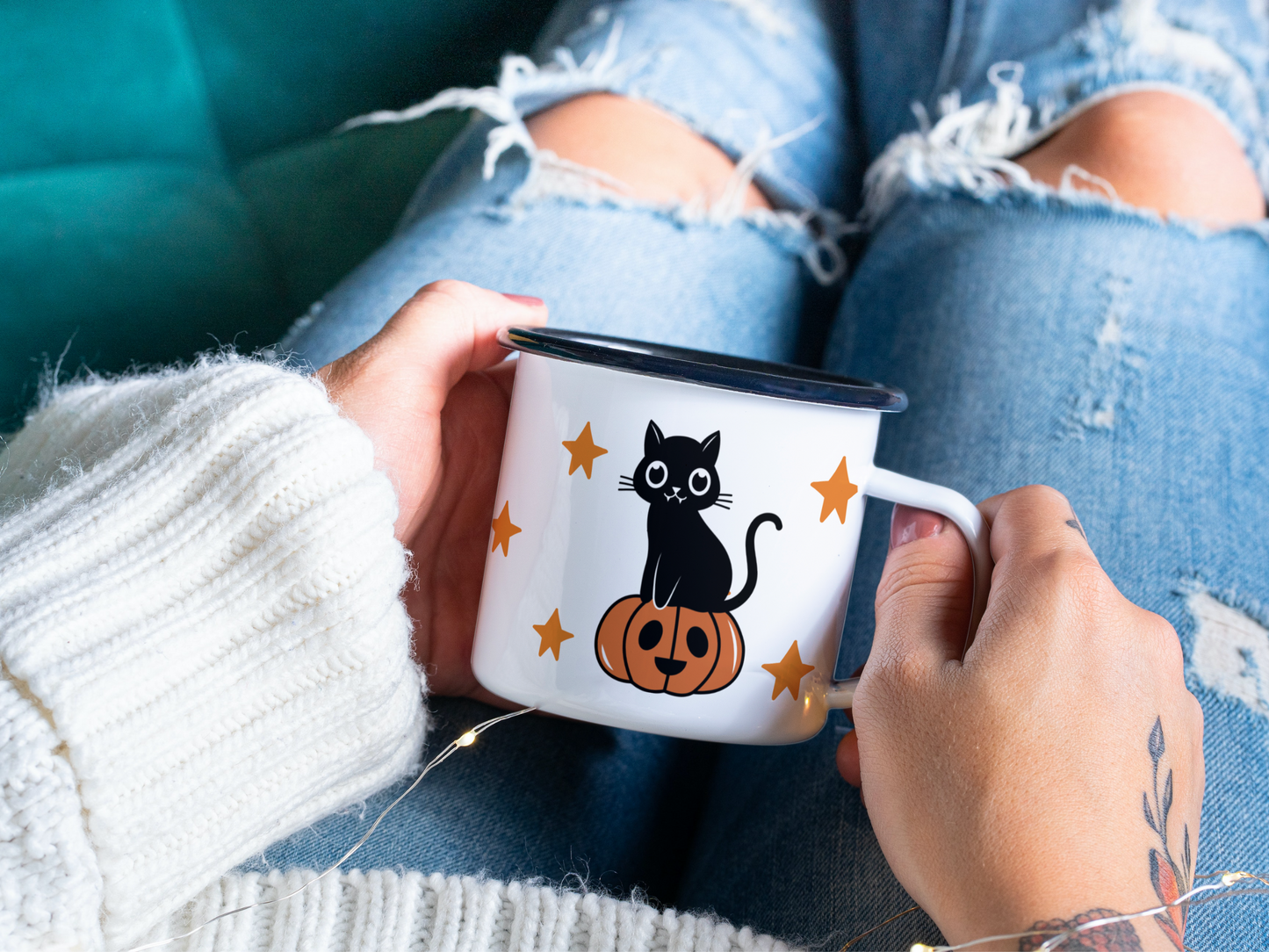 Halloween Black Cat Camping 10 oz Mug