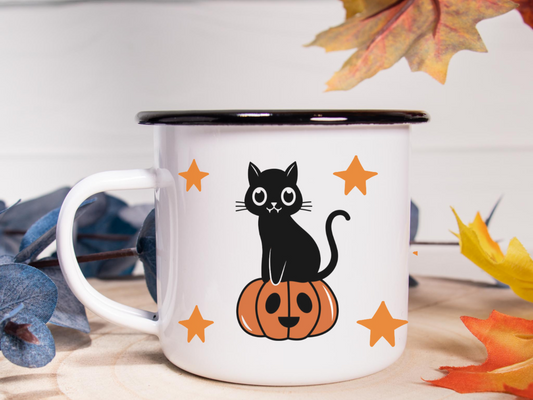 Halloween Black Cat Camping Mug - Spooky Beverage Companion