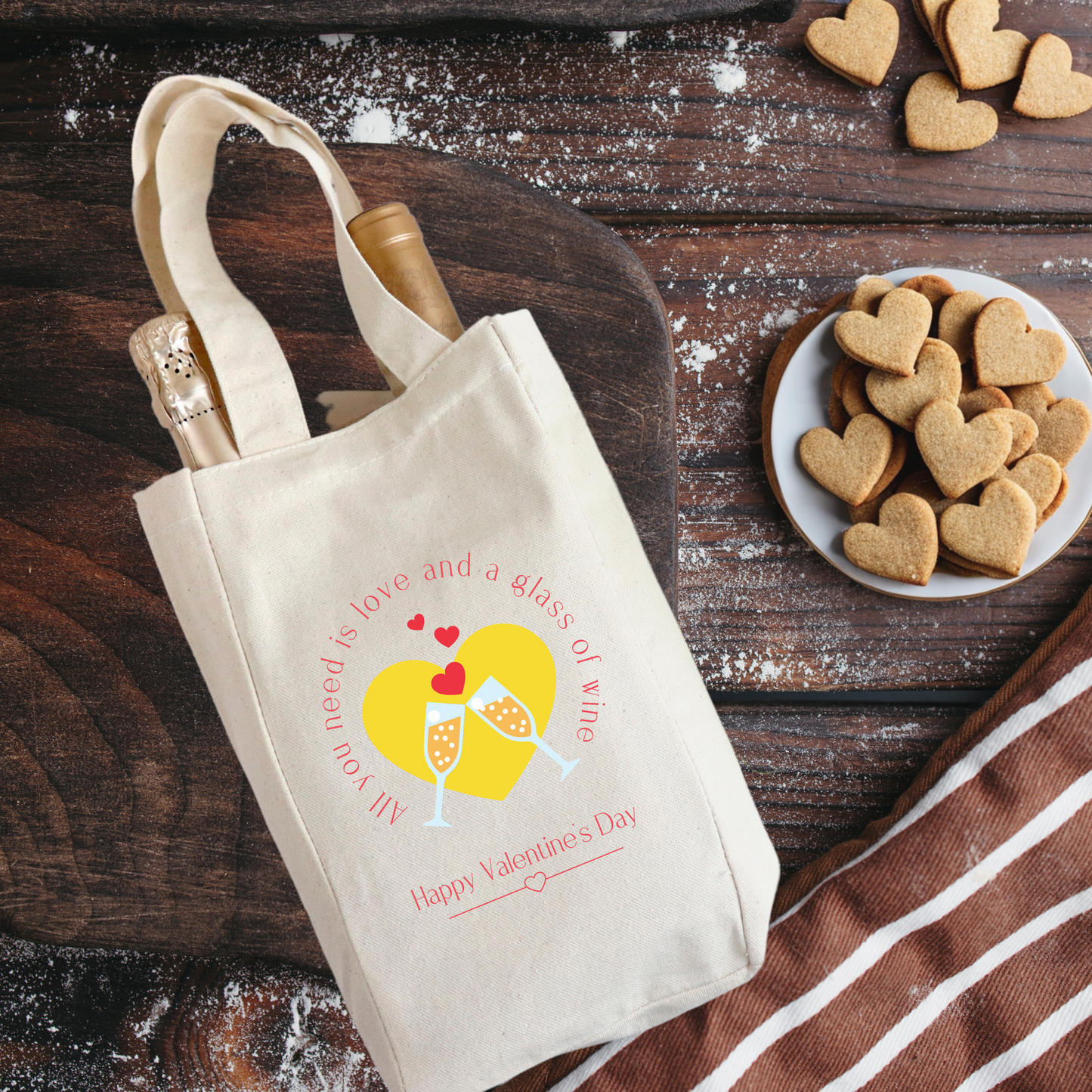 All you need is Love and a Glass of Wine- Valentine's Day Wine Tote Bag