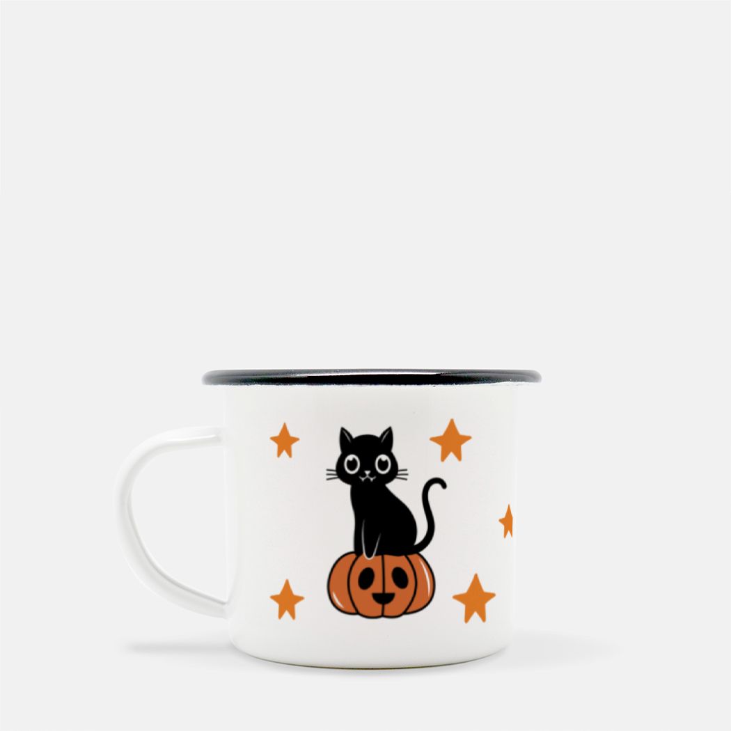 Halloween Black Cat Camp Mug 10 oz. (Black Rim) Helenity Gift Shop