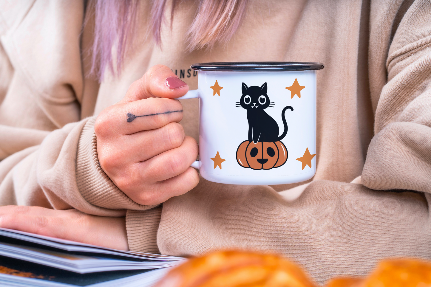 Halloween Black Cat Camp Mug 10 oz. (Black Rim) Helenity Gift Shop