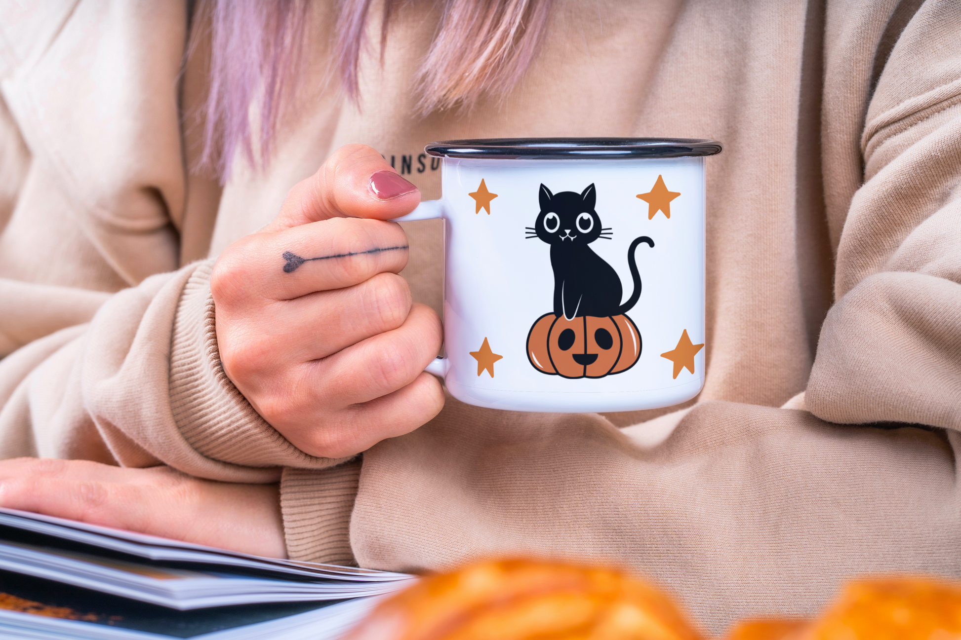 Halloween Black Cat Camp Mug 10 oz. (Black Rim) Helenity Gift Shop
