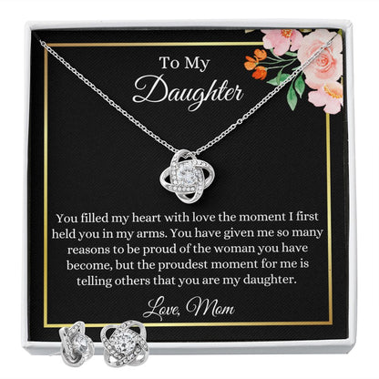 To My Daughter, Love Mom | Love Knot Earring & Necklace Set Two Tone Box Helenity Gift Shop