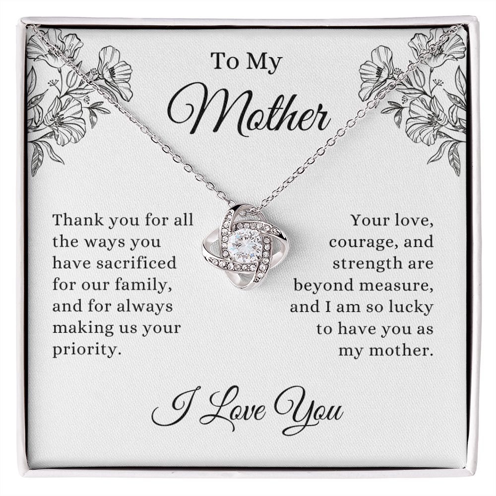 To My Mother, Thank you for all You Do | Love Knot Necklace 14K White Gold Finish / Standard Box Helenity Gift Shop
