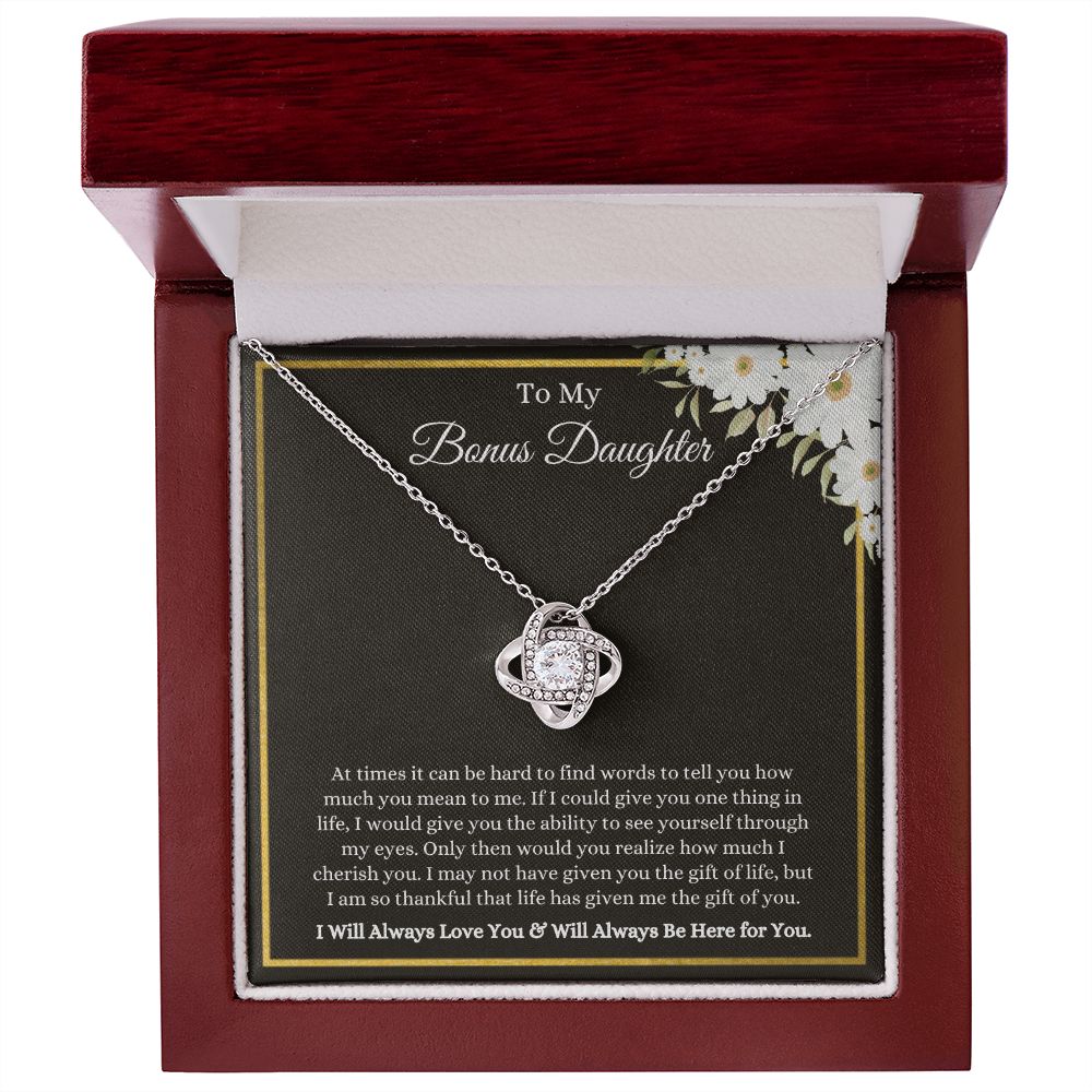 My Bonus Daughter, Thankful for You | Love Knot Necklace 14K White Gold Finish / Luxury Box Helenity Gift Shop