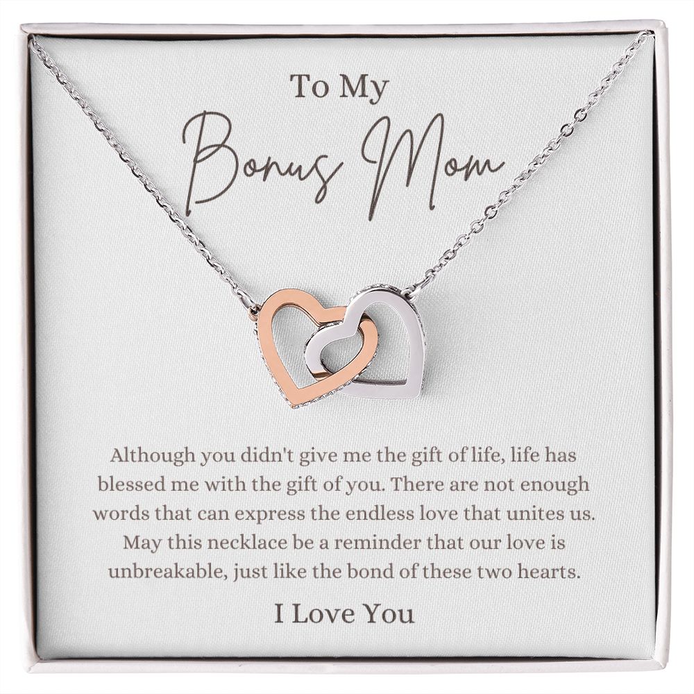 My Bonus Mom, Unbreakable Love | Interlocking Hearts Necklace Polished Stainless Steel & Rose Gold Finish / Standard Box Helenity Gift Shop