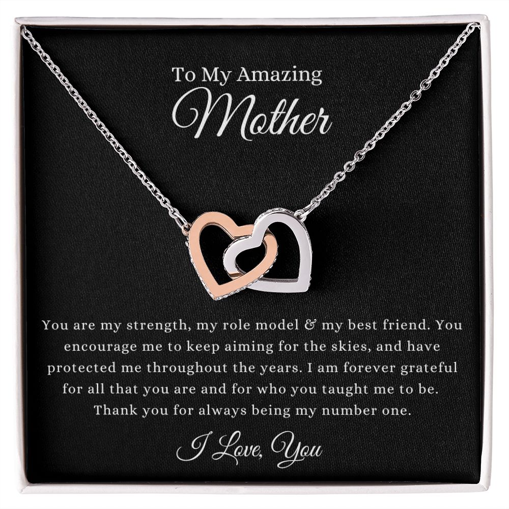 To My Amazing Mother You are my Strength | Interlocking Hearts Necklace Polished Stainless Steel & Rose Gold Finish / Standard Box Helenity Gift Shop