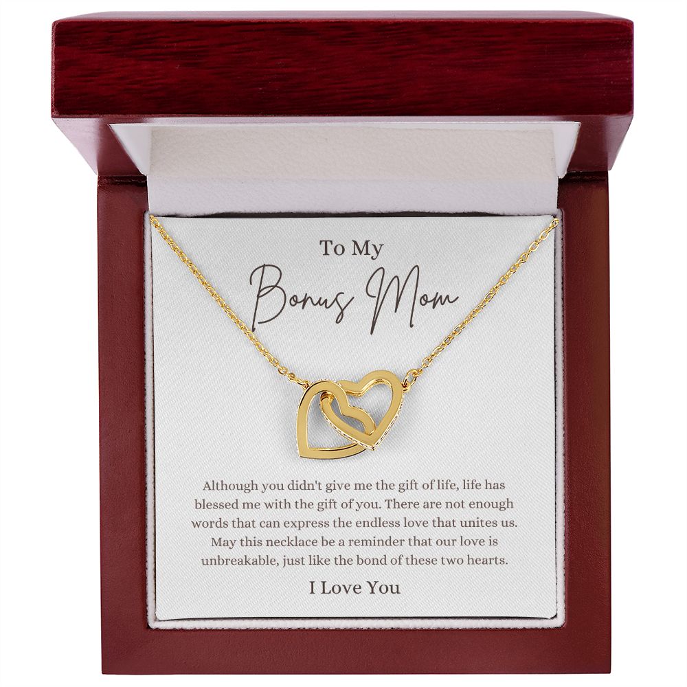 My Bonus Mom, Unbreakable Love | Interlocking Hearts Necklace 18K Yellow Gold Finish / Luxury Box Helenity Gift Shop