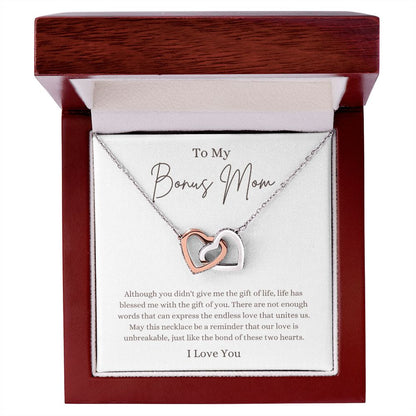 My Bonus Mom, Unbreakable Love | Interlocking Hearts Necklace Polished Stainless Steel & Rose Gold Finish / Luxury Box Helenity Gift Shop
