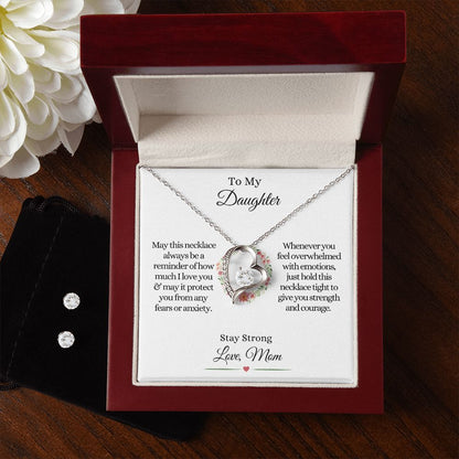 To My Daughter Stay Strong | Forever Necklace & Earring Set 14k White Gold Finish / Luxury Box Helenity Gift Shop