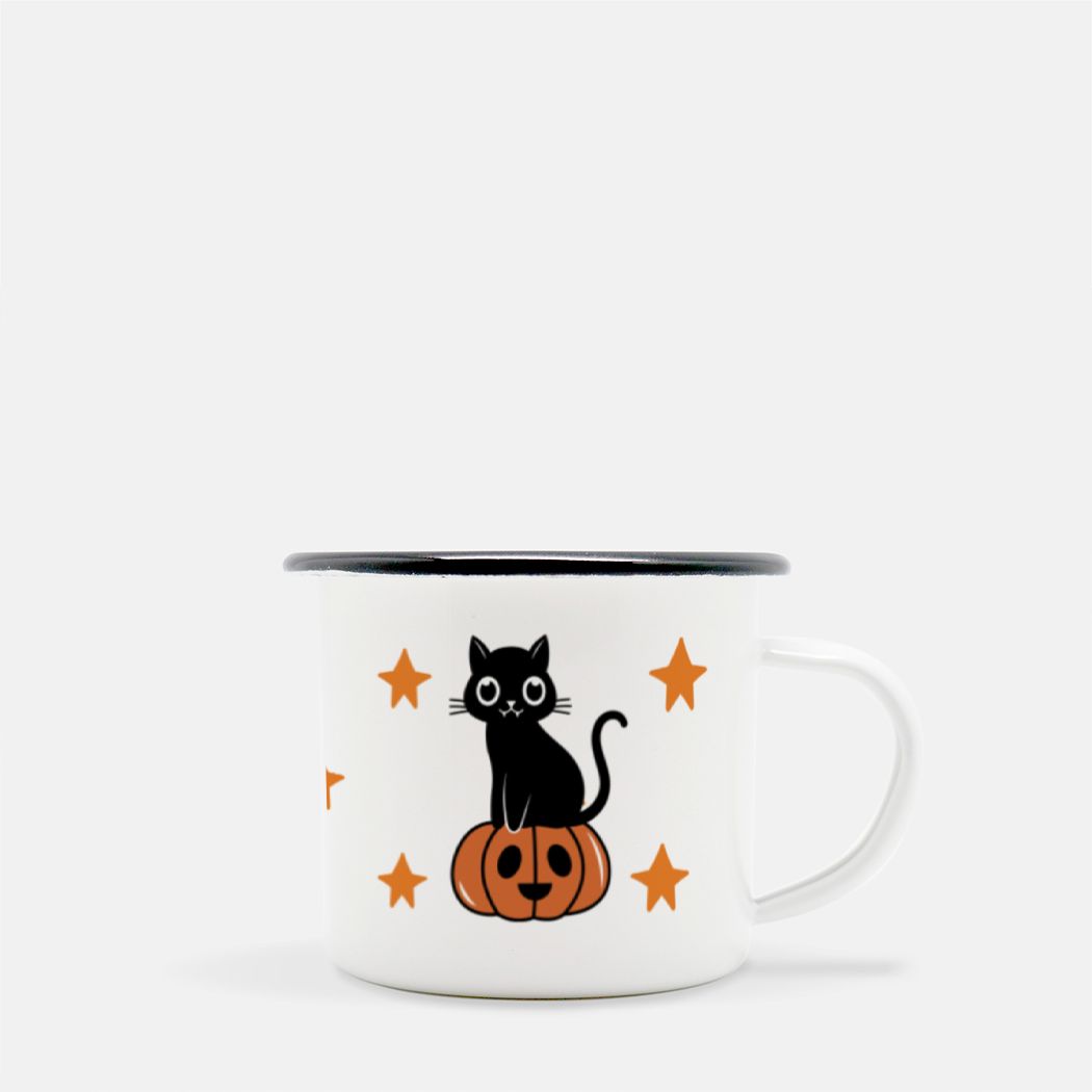 Halloween Black Cat Camp Mug 10 oz. (Black Rim) Helenity Gift Shop